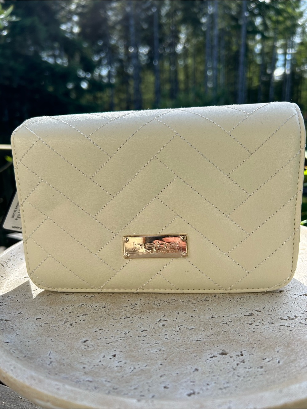 bebe Sophia Quilted Cream Crossbody Bag with Gold Plaque - Picture 1 of 9